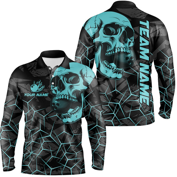 Black Skull camo bowling shirt for men custom bowling team jerseys, gifts for bowlers | Turquoise NQS7567