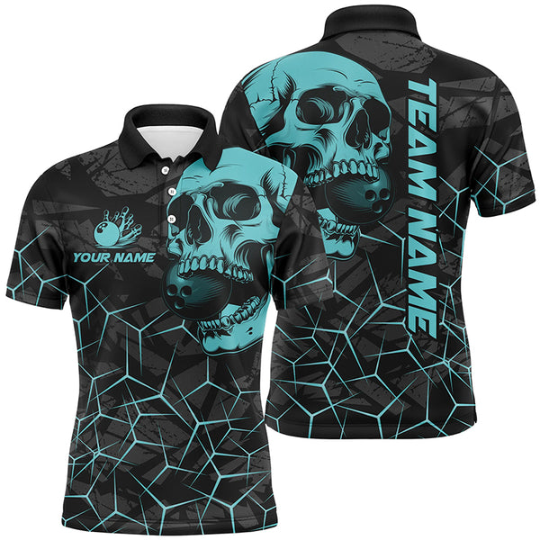 Black Skull camo bowling shirt for men custom bowling team jerseys, gifts for bowlers | Turquoise NQS7567