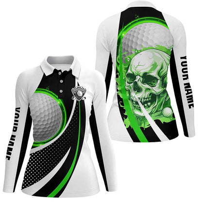 Black and white Golf Skull Womens golf polos shirts custom golf attire for ladies golfer gifts | Green NQS7950