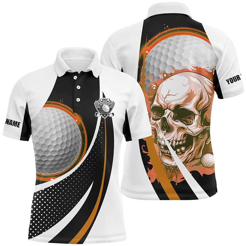 Black and white Golf Skull Mens golf polo shirt custom golf attire for men, gifts for golfer | Orange NQS7951