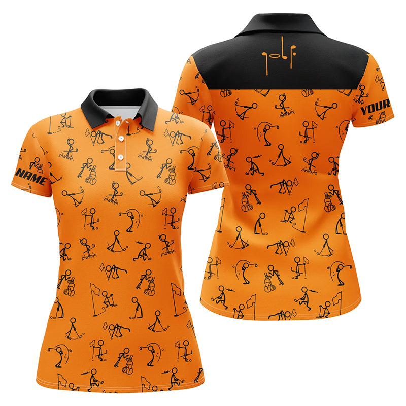 Womens golf polo shirts custom funny golf pattern, black orange