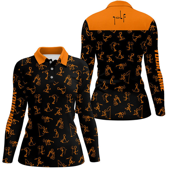 Womens golf polo shirts custom funny golf pattern, black orange polo shirt golf outfit women golf tops NQS6279