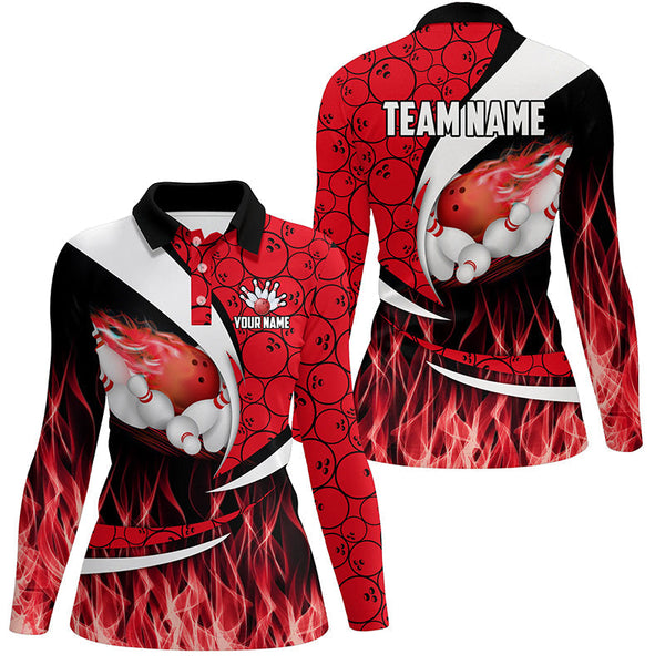 Red Flame Bowling Camo Bowling Polo, Quarter Zip Shirts For Women Custom Bowling Team Bowler Jerseys NQS8588