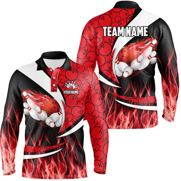 Red Flame Bowling Camo Bowling Polo, Quarter Zip Shirts For Men Custom Bowling Team Bowler Jerseys NQS8588