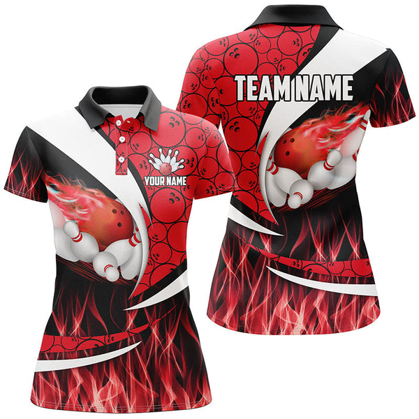 Red Flame Bowling Camo Bowling Polo, Quarter Zip Shirts For Women Custom Bowling Team Bowler Jerseys NQS8588