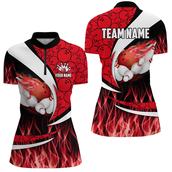 Red Flame Bowling Camo Bowling Polo, Quarter Zip Shirts For Women Custom Bowling Team Bowler Jerseys NQS8588