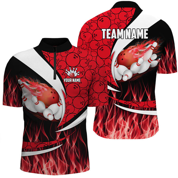 Red Flame Bowling Camo Bowling Polo, Quarter Zip Shirts For Men Custom Bowling Team Bowler Jerseys NQS8588
