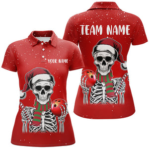 Skull Christmas Women Bowling Polo, Quarter Zip shirt custom bowling jersey Xmas Gift for team | Red NQS8835