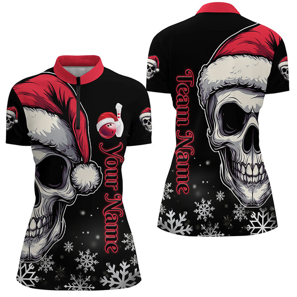 Red and Black Christmas Skull Women Bowling Polo, Quarter Zip shirts custom Xmas Team bowling jerseys NQS8837