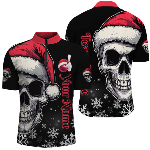 Red and Black Christmas Skull Mens Bowling Polo, Quarter Zip shirts custom Xmas Team bowling jerseys NQS8837