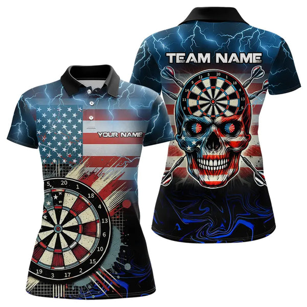 American Flag Skull Dart Board Blue lightning Custom Team Dart Polo, Quarter Zip Shirt For Women NQS9302