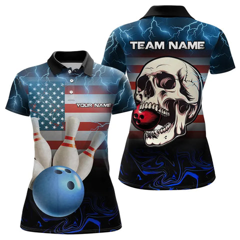 American Flag Skull Bowling Blue lightning thunder Bowling Shirt for Women Custom Team Bowling jerseys NQS9303