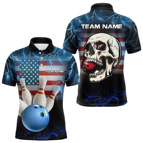 American Flag Skull Bowling Blue lightning thunder Bowling Shirt for Men Custom Team Bowling jerseys NQS9303