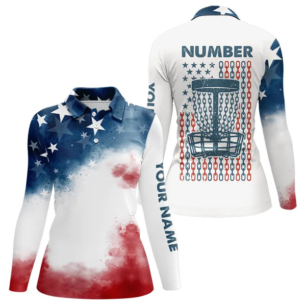 Watercolor American Flag Women Disc golf polo shirts custom name & number patriotic disc golf jersey NQS9306