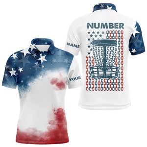 Watercolor American Flag Mens Disc golf polo shirts custom name and number patriotic disc golf jersey NQS9306