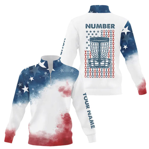 Watercolor American Flag Quarter zip sweatshirt custom name & number patriotic disc golf sweater NQS9306