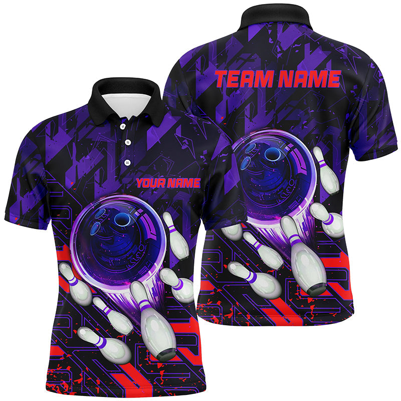 Mens Bowling polo shirts Custom purple red abstract Bowling Team league Jerseys, bowling gifts NQS7101