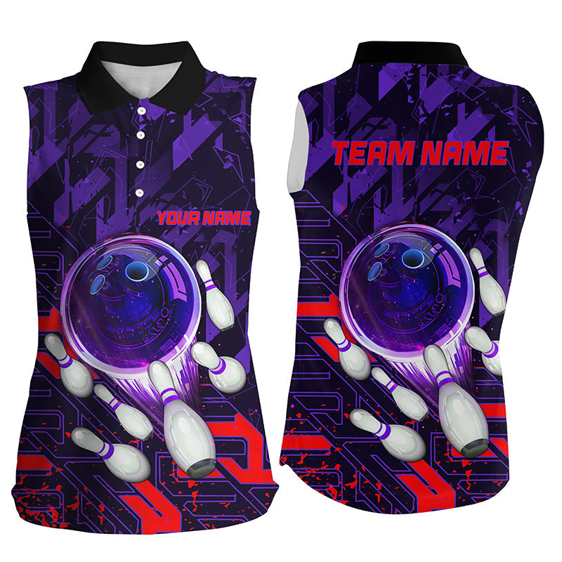 Women sleeveless polo shirts Custom purple red abstract Bowling Team league Jerseys, bowling gifts NQS7101