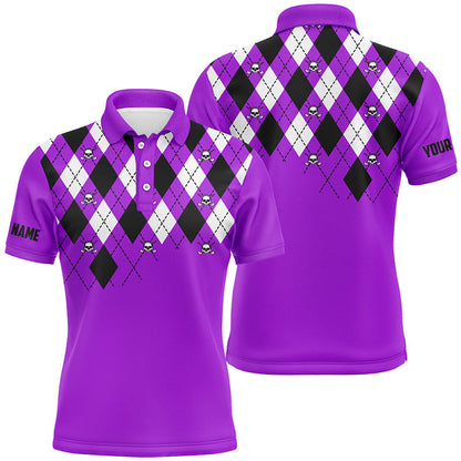 Mens golf polo shirts purple argyle plaid golf skull pattern custom mens purple golf tops NQS7213