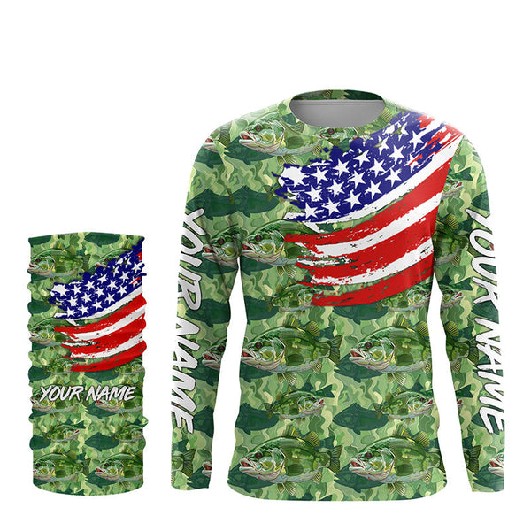 Green Largemouth Bass camo fishing American flag Custom performance long sleeve Bass fishing shirts NQS7387