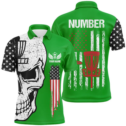 Green American flag Mens disc golf polo shirts custom name, number patriotic disc golf skull apparel NQS7571
