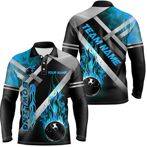 Mens bowling shirts Custom Black bowling ball Flame Bowling Team Jerseys, gift for Bowlers | Blue NQS7573