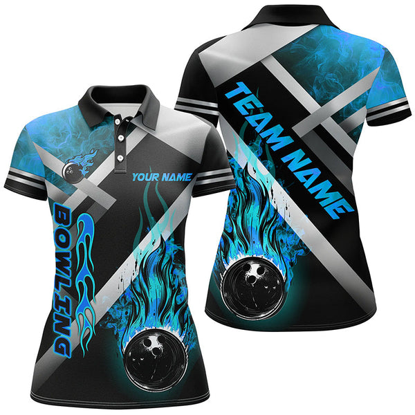 Women bowling shirts Custom Black bowling ball Flame Bowling Team Jerseys, gift for Bowlers | Blue NQS7573