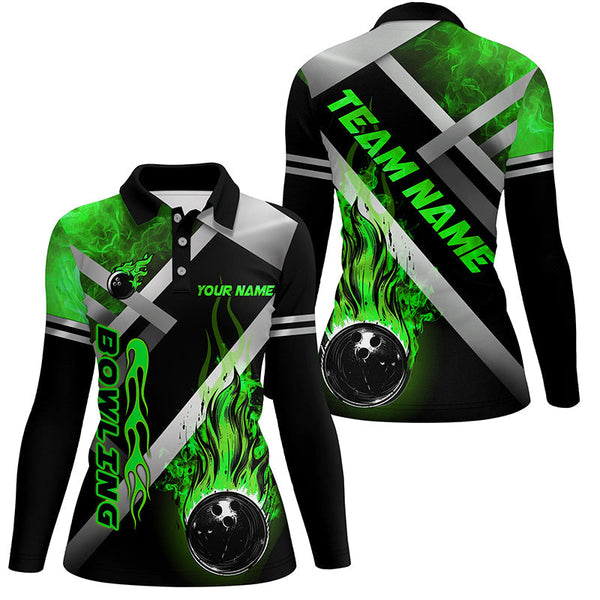 Women bowling shirts Custom Black bowling ball Flame Bowling Team Jerseys, gift for Bowlers | Green NQS7574
