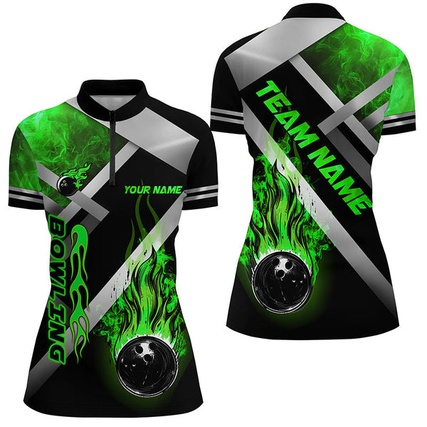 Women bowling shirts Custom Black bowling ball Flame Bowling Team Jerseys, gift for Bowlers | Green NQS7574