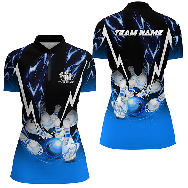 Black and Blue Lightning thunder Custom Bowling Polo, Quarter zip shirts Team Bowling league jerseys NQS8171