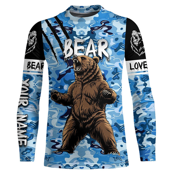 Bear hunter big game hunting blue camouflage Customize Name 3D All Over Printed Shirts NQS4009