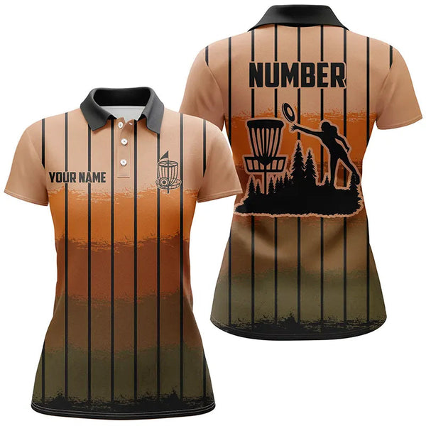 Orange stripe Retro disc golf polo shirt for women custom name and number disc golf jerseys NQS9080