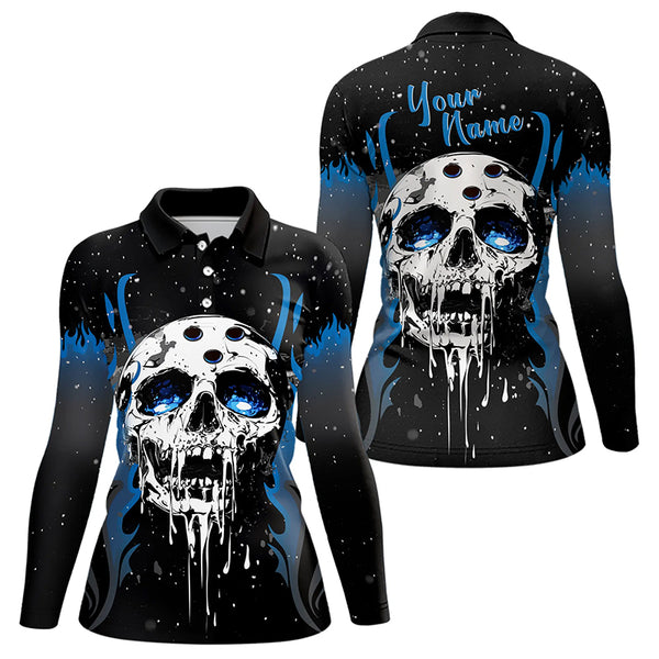 Custom Black and Blue Flame Galaxy Skull Bowling Shirts for Women, Skull Bowling Team Shirts Uniform NQS9622