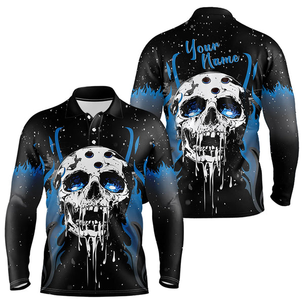 Custom Black and Blue Flame Galaxy Skull Bowling Shirts for Men, Skull Bowling Team Shirts Uniform NQS9622
