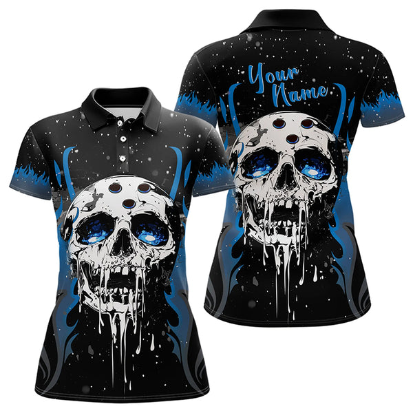 Custom Black and Blue Flame Galaxy Skull Bowling Shirts for Women, Skull Bowling Team Shirts Uniform NQS9622