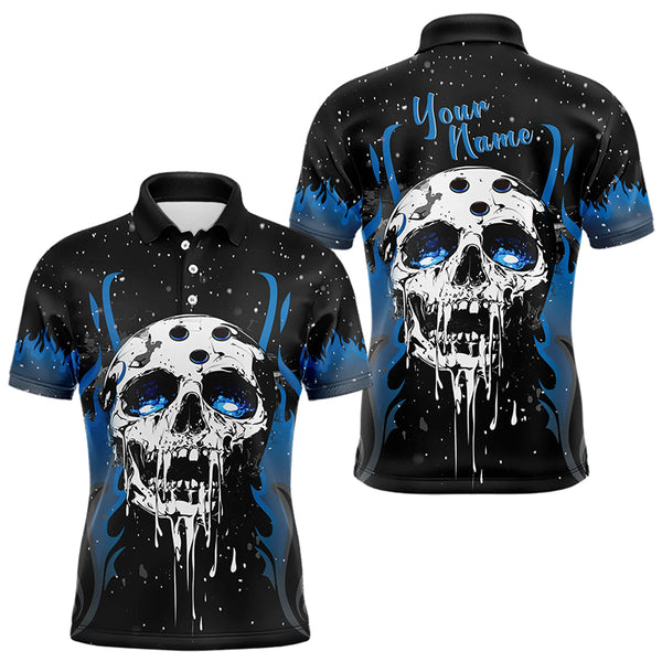 Custom Black and Blue Flame Galaxy Skull Bowling Shirts for Men, Skull Bowling Team Shirts Uniform NQS9622