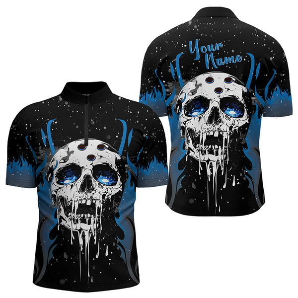 Custom Black and Blue Flame Galaxy Skull Bowling Shirts for Men, Skull Bowling Team Shirts Uniform NQS9622