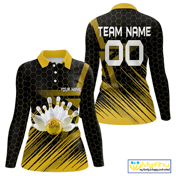 Black And Gold Custom Bowling Polo, Quarter Zip Shirts For Women, Bowling Team League Jersey NQS9810