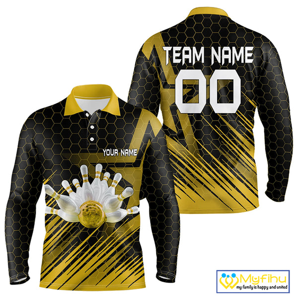 Black And Gold Custom Bowling Polo, Quarter Zip Shirts For Men, Bowling Team League Jersey NQS9810