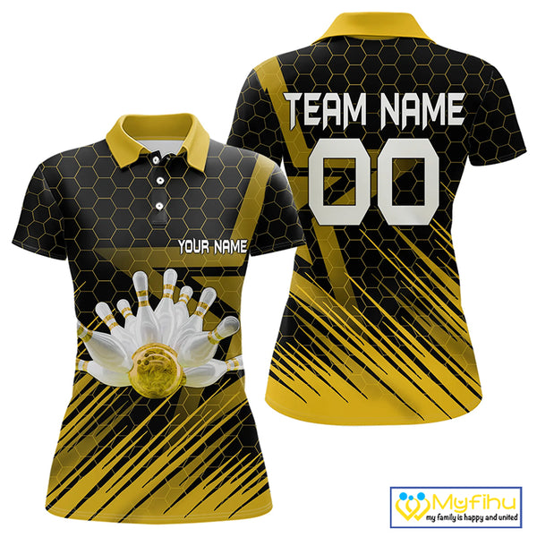 Black And Gold Custom Bowling Polo, Quarter Zip Shirts For Women, Bowling Team League Jersey NQS9810
