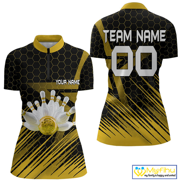 Black And Gold Custom Bowling Polo, Quarter Zip Shirts For Women, Bowling Team League Jersey NQS9810