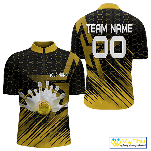 Black And Gold Custom Bowling Polo, Quarter Zip Shirts For Men, Bowling Team League Jersey NQS9810