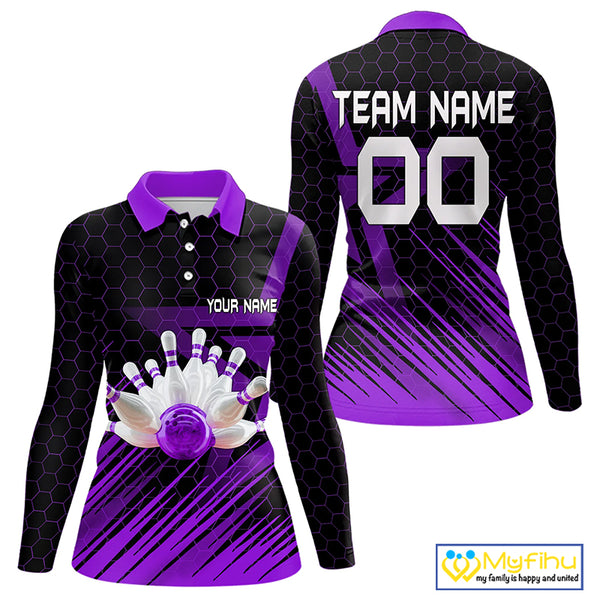 Black And Purple Custom Bowling Polo, Quarter Zip Shirts For Women, Bowling Team League Jersey NQS9811