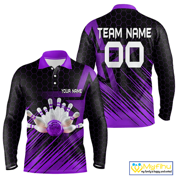 Black And Purple Custom Bowling Polo, Quarter Zip Shirts For Men, Bowling Team League Jersey NQS9811
