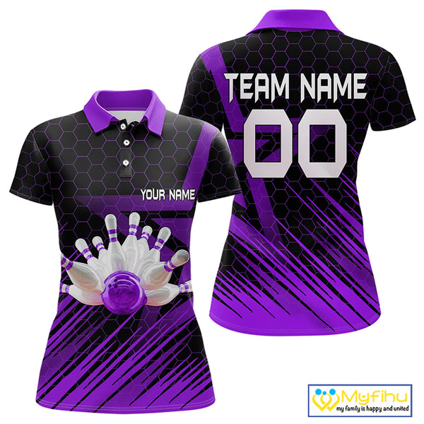 Black And Purple Custom Bowling Polo, Quarter Zip Shirts For Women, Bowling Team League Jersey NQS9811