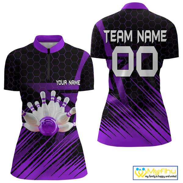 Black And Purple Custom Bowling Polo, Quarter Zip Shirts For Women, Bowling Team League Jersey NQS9811