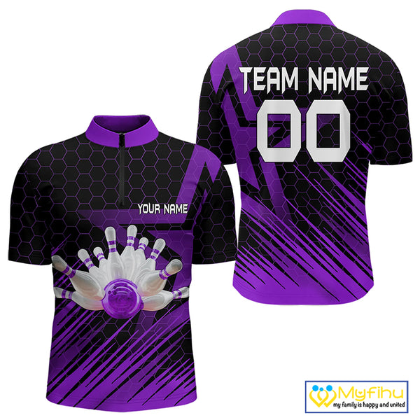 Black And Purple Custom Bowling Polo, Quarter Zip Shirts For Men, Bowling Team League Jersey NQS9811