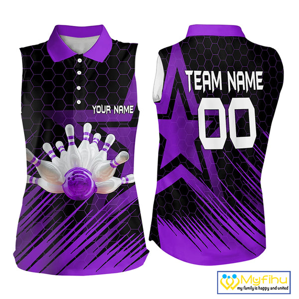 Black And Purple Custom Bowling Women Sleeveless Polo Shirt, Bowling Team League Jersey NQS9811