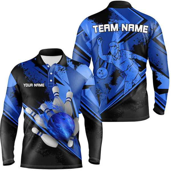 Personalized black & blue flame Bowling Polo, Quarter Zip shirt For men custom bowling team jerseys NQS7579