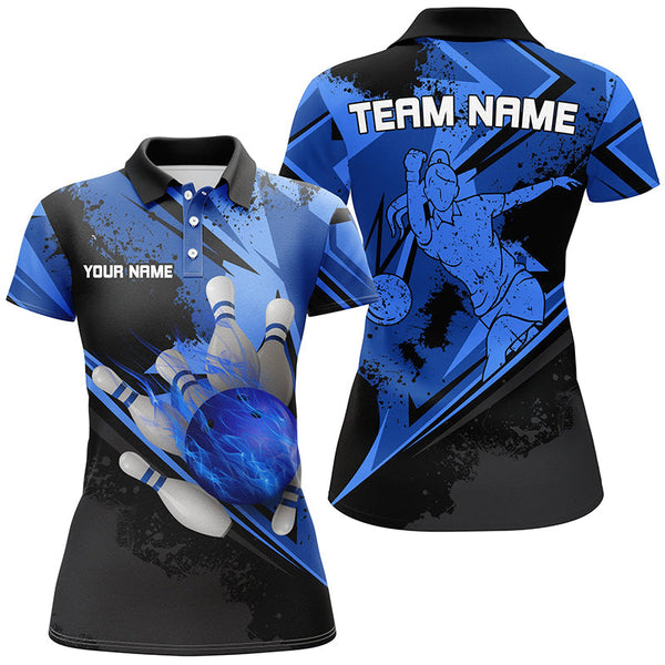 Personalized black & blue flame Bowling Polo, Quarter Zip shirt For women custom bowling team jerseys NQS7579